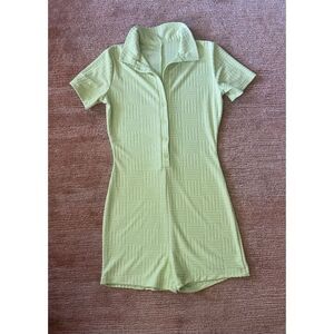 Lime Green Textured Romper Polo Collar Button Front Stretch Women’s Size M